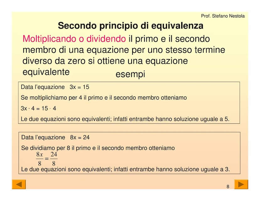 Una equazione di primo grado è una
uguaglianza tra due espressioni algebriche
che contiene una lettera con esponente 1
Tale lettera generalm