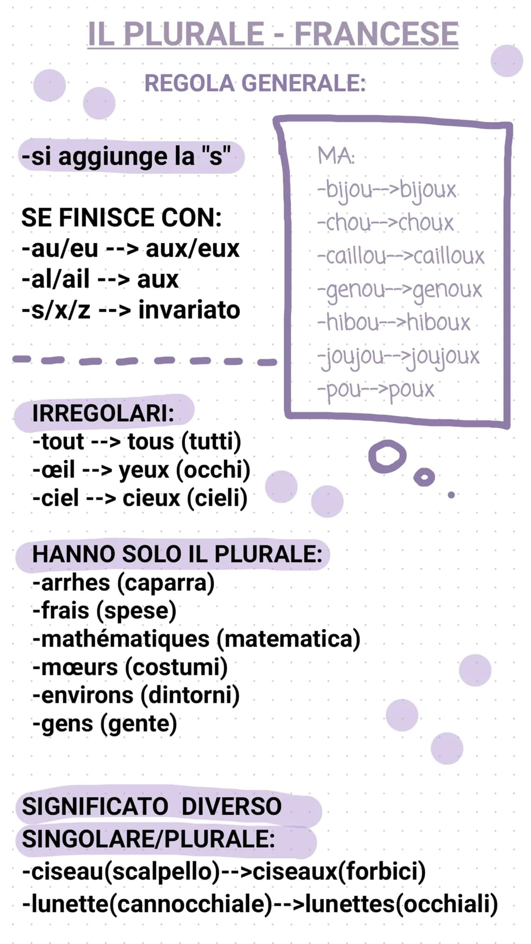 IL PLURALE - FRANCESE
REGOLA GENERALE:
-si aggiunge la "s"
SE FINISCE CON:
-au/eu --> aux/eux
-al/ail --> aux
-s/x/Z --> invariato
IRREGOLAR