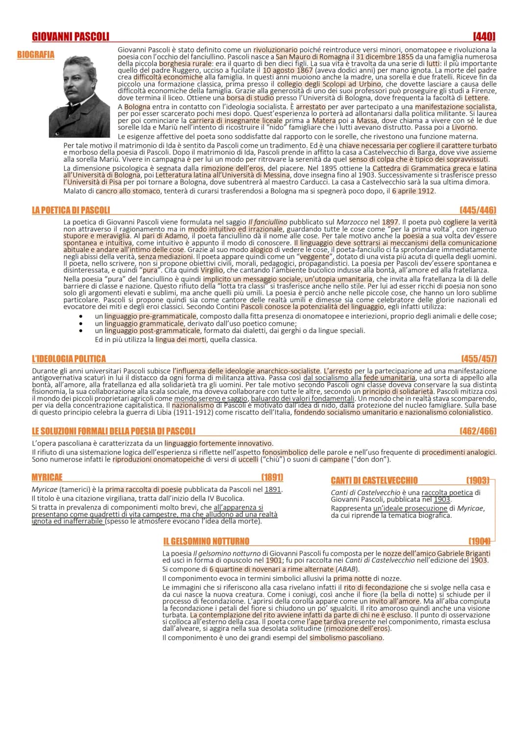 GIOVANNI PASCOLI
BIOGRAFIA
[440]
Giovanni Pascoli è stato definito come un rivoluzionario poiché reintroduce versi minori, onomatopee e rivo