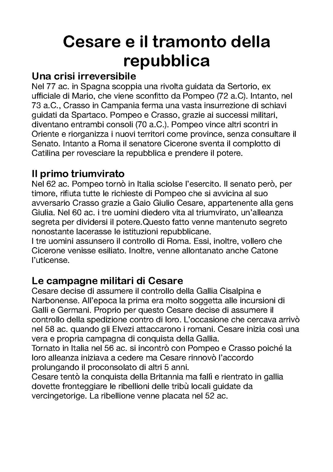 L'età di Cesare e la fine della Repubblica Romana: Schemi e Riassunti