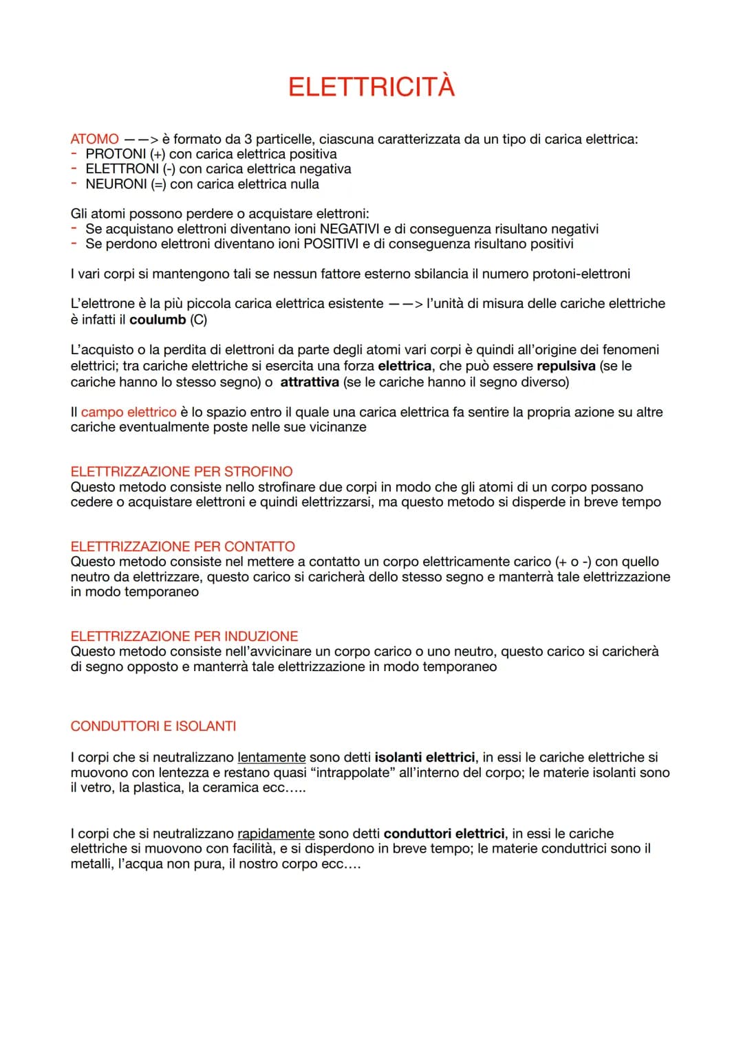ELETTRICITÀ
ATOMO-> è formato da 3 particelle, ciascuna caratterizzata da un tipo di carica elettrica:
PROTONI (+) con carica elettrica posi