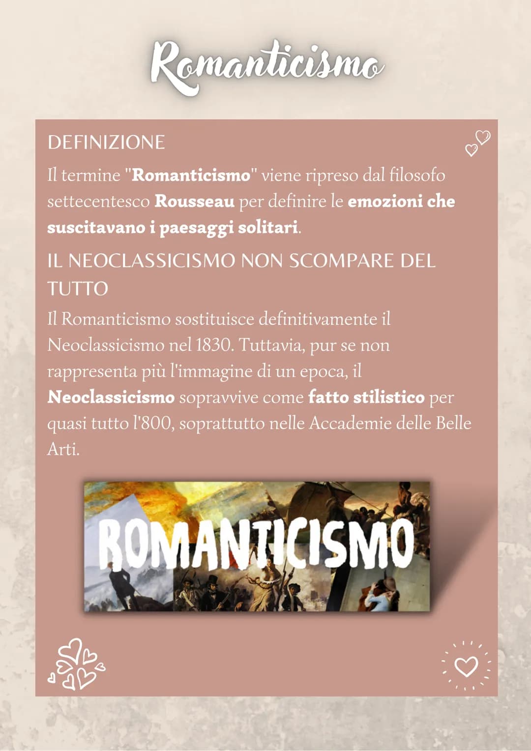 Romanticismo
DEFINIZIONE
Il termine "Romanticismo" viene ripreso dal filosofo
settecentesco Rousseau per definire le emozioni che
suscitavan