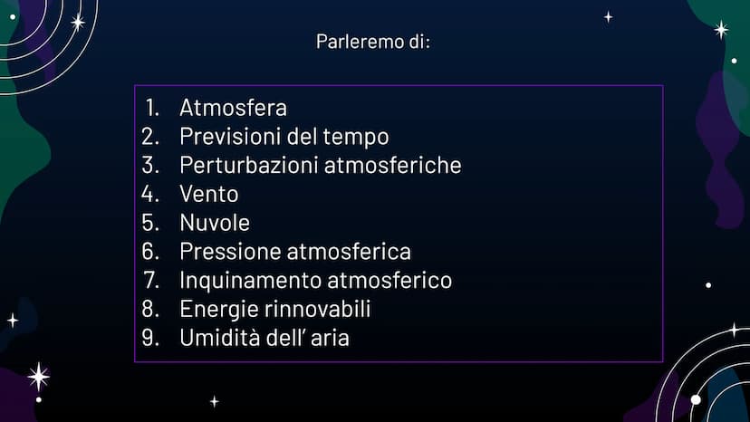 L'
ATMOSFERA Parleremo di:
1. Atmosfera
2. Previsioni del tempo
3. Perturbazioni atmosferiche
4. Vento
5. Nuvole
6. Pressione atmosferica
7.