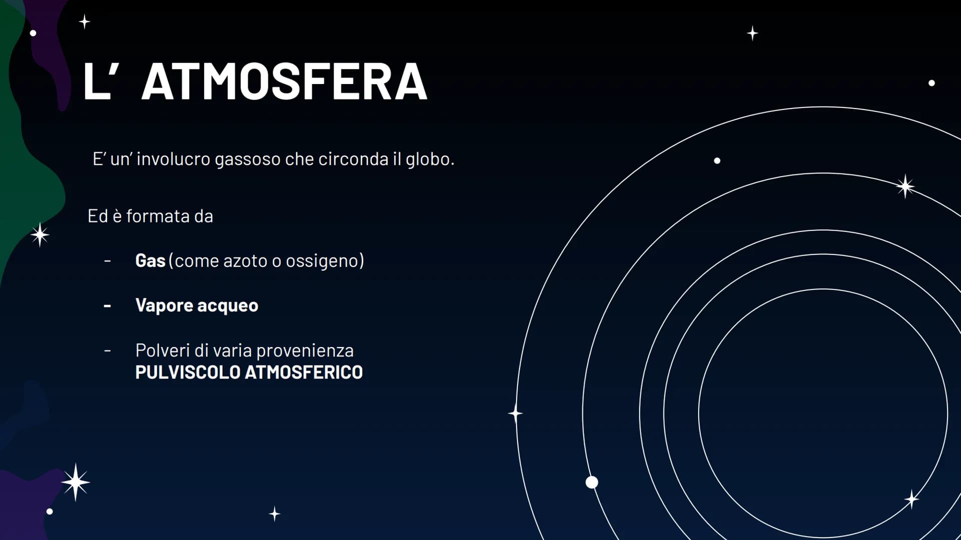 L'
ATMOSFERA Parleremo di:
1. Atmosfera
2. Previsioni del tempo
3. Perturbazioni atmosferiche
4. Vento
5. Nuvole
6. Pressione atmosferica
7.