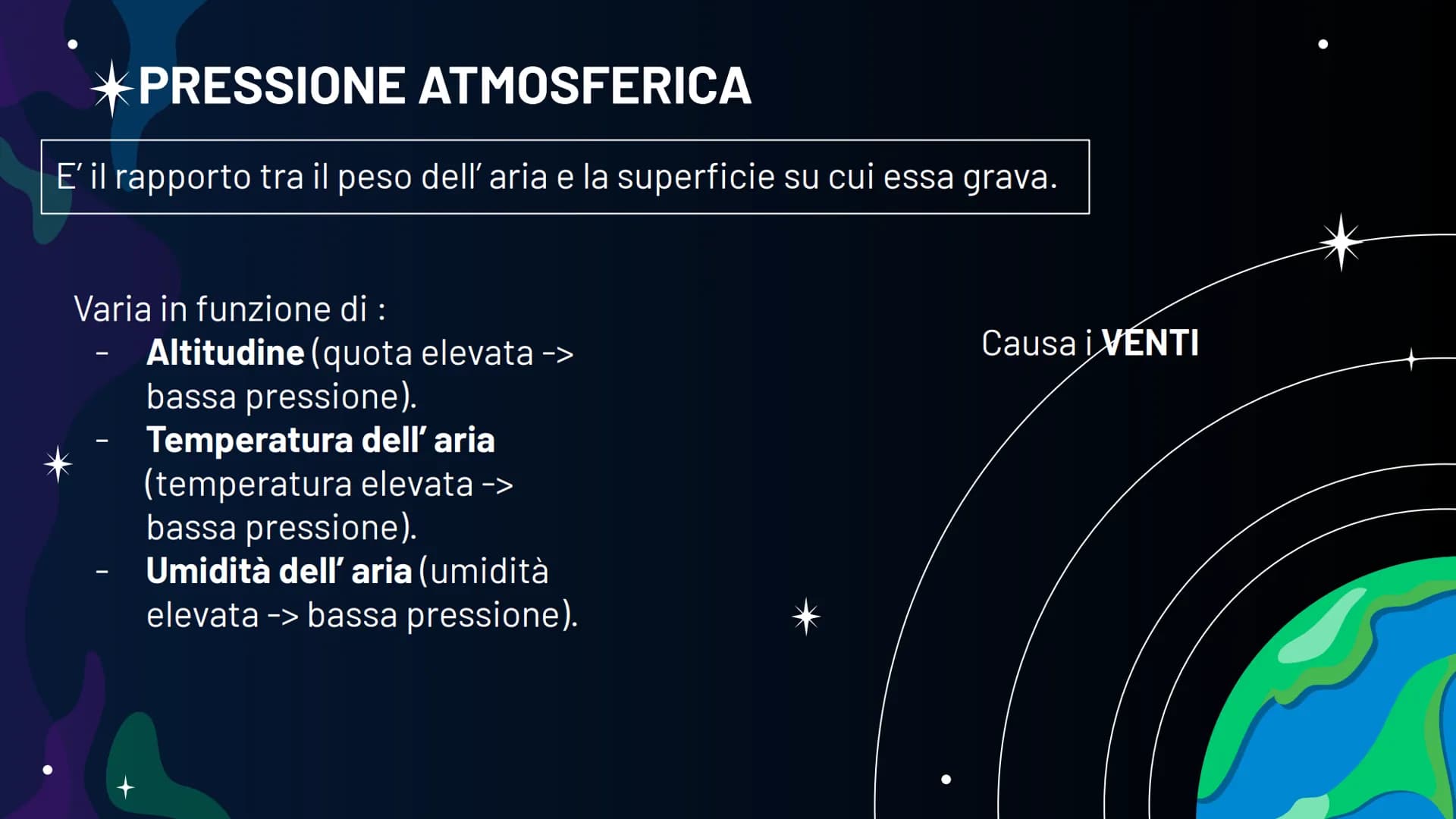 L'
ATMOSFERA Parleremo di:
1. Atmosfera
2. Previsioni del tempo
3. Perturbazioni atmosferiche
4. Vento
5. Nuvole
6. Pressione atmosferica
7.