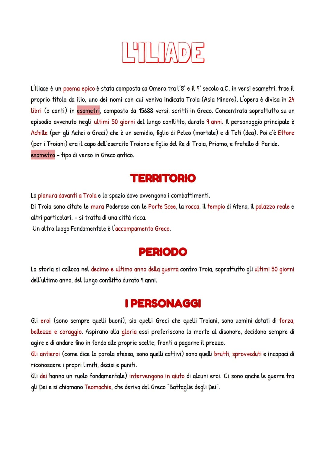 L'ILIADE
L'Iliade è un poema epico è stata composta da Omero tra l'8° e il 9° secolo a.C. in versi esametri, trae il
proprio titolo da ilio,