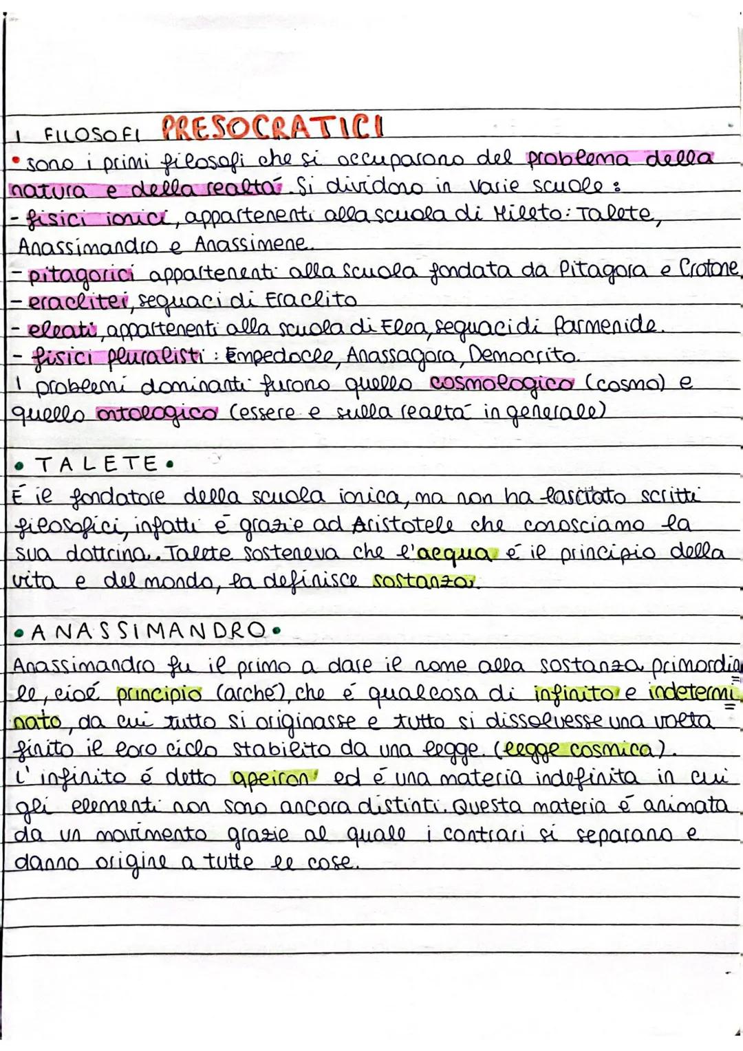 1 FILOSOFI PRESOCRATICI
• sono i primi filosofi che si occuparono del problema della
Inatura e della realtà. Si dividono in varie scuole :
-