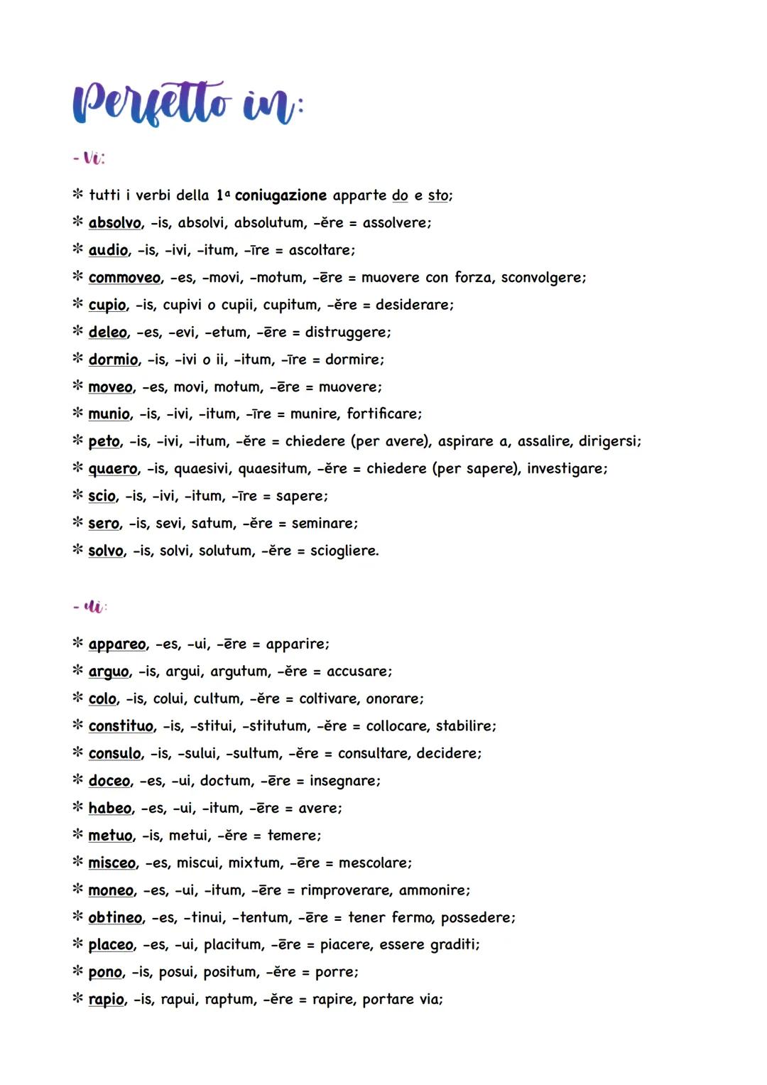Paradigmi
1a coniugazione
aestimo, -as, -avi, -atum, -āre = stimare, ritenere
accuso, -as, -avi, -atum, -āre = accusare
amo, -as, -avi, -atu
