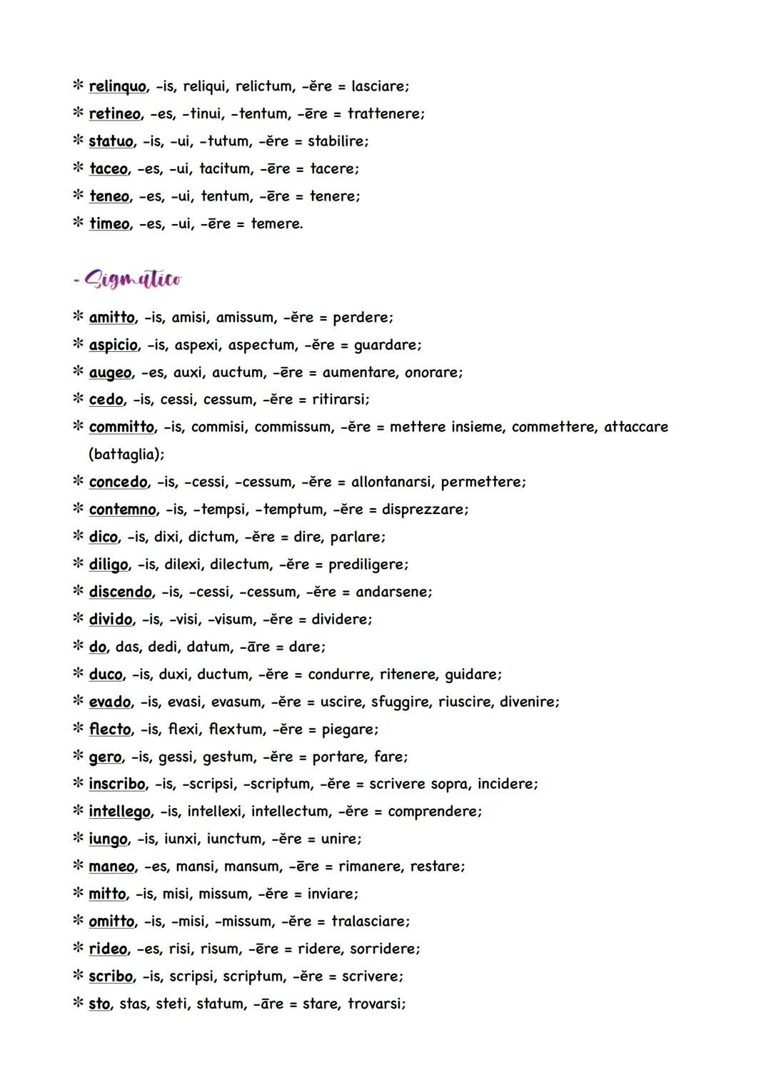 Paradigmi
1a coniugazione
aestimo, -as, -avi, -atum, -āre = stimare, ritenere
accuso, -as, -avi, -atum, -āre = accusare
amo, -as, -avi, -atu