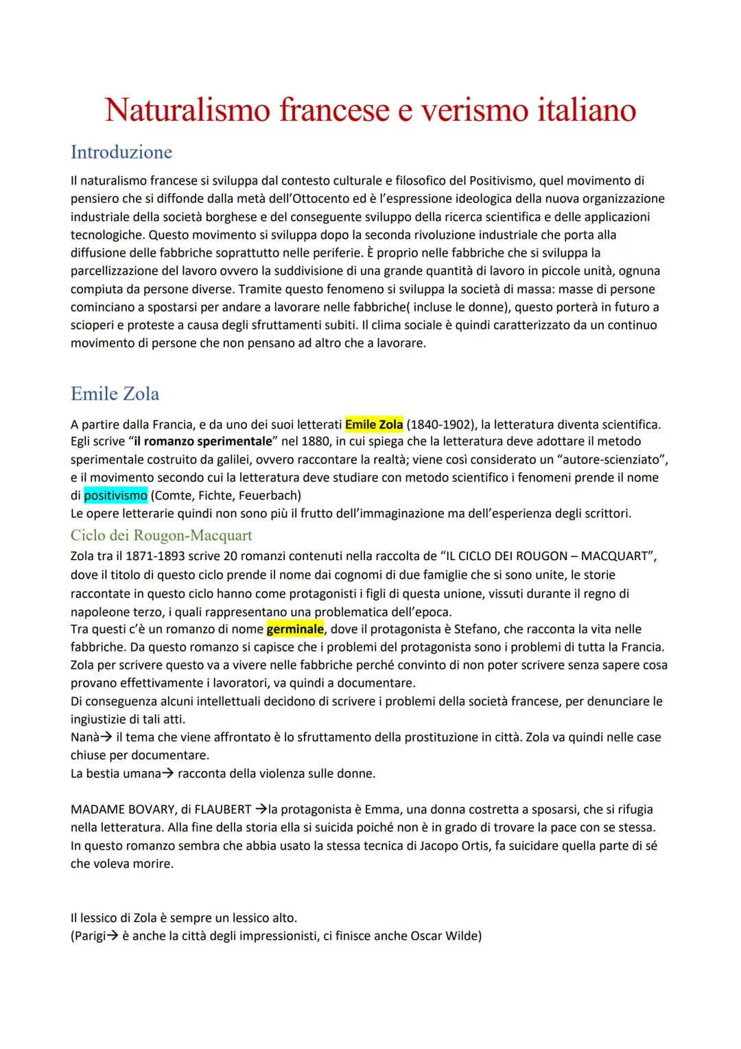 Naturalismo francese e verismo italiano
Introduzione
Il naturalismo francese si sviluppa dal contesto culturale e filosofico del Positivismo