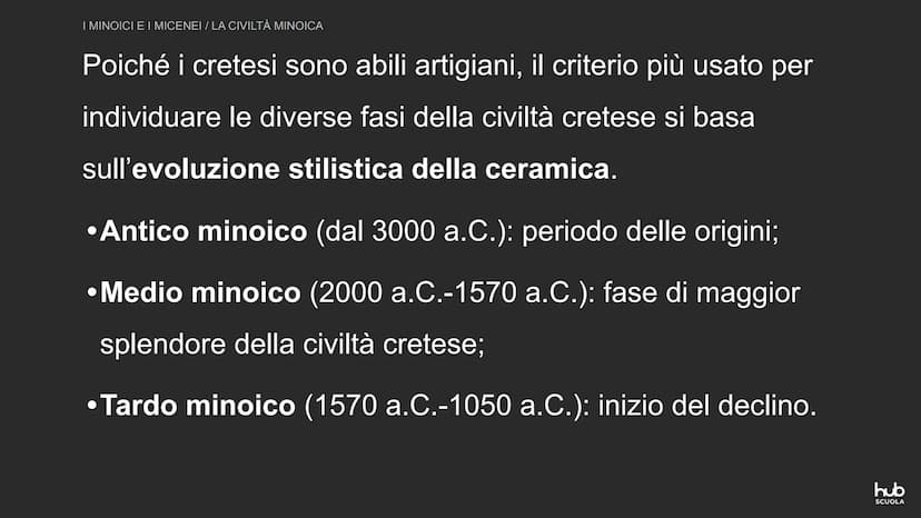 I minoici e i micenei
hub
SCUOLA I MINOICI E I MICENEI
LA CIVILTÀ MINOICA
A partire dal III millennio a.C. nelle isole del Mar Egeo si
svilu