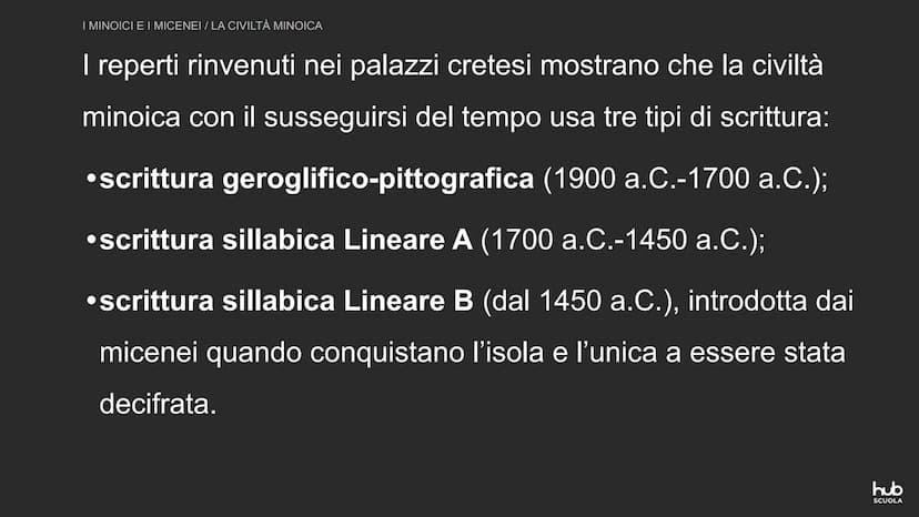 I minoici e i micenei
hub
SCUOLA I MINOICI E I MICENEI
LA CIVILTÀ MINOICA
A partire dal III millennio a.C. nelle isole del Mar Egeo si
svilu