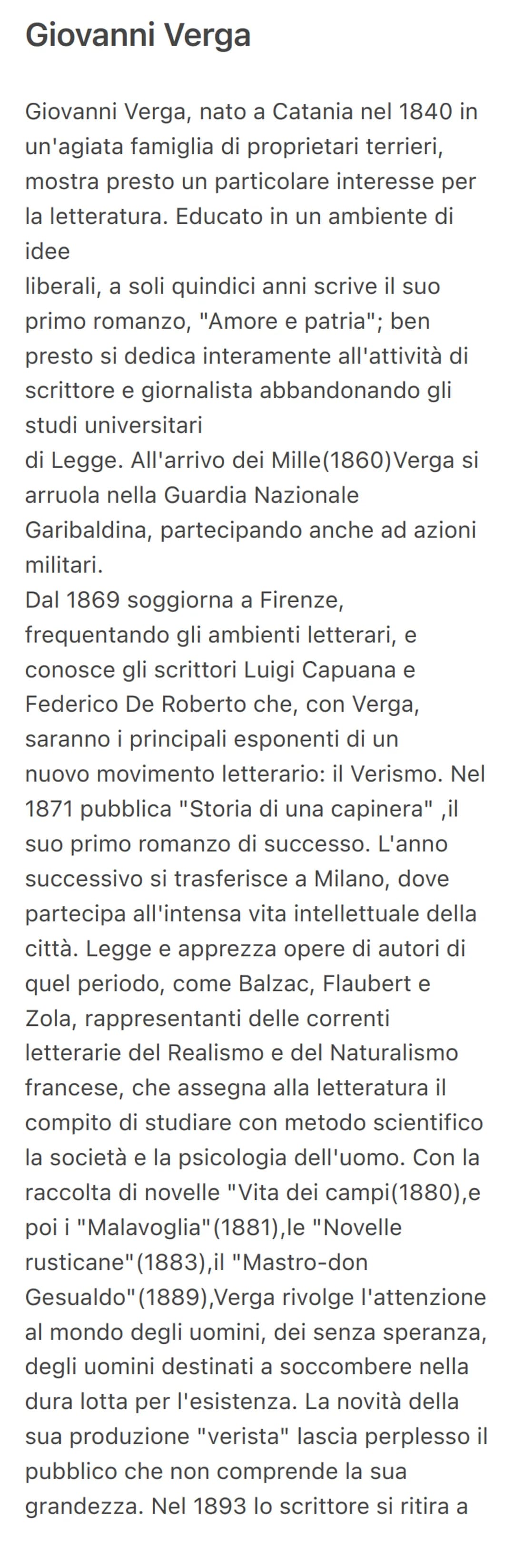 Giovanni Verga
Giovanni Verga, nato a Catania nel 1840 in
un'agiata famiglia di proprietari terrieri,
mostra presto un particolare interesse