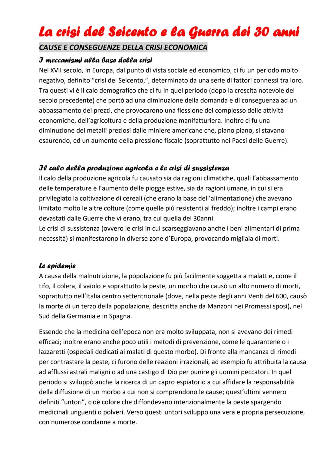 La crisi del Seicento e la Guerra dei 30 anni
CAUSE E CONSEGUENZE DELLA CRISI ECONOMICA
I meccanismi alla base della crisi
Nel XVII secolo, 