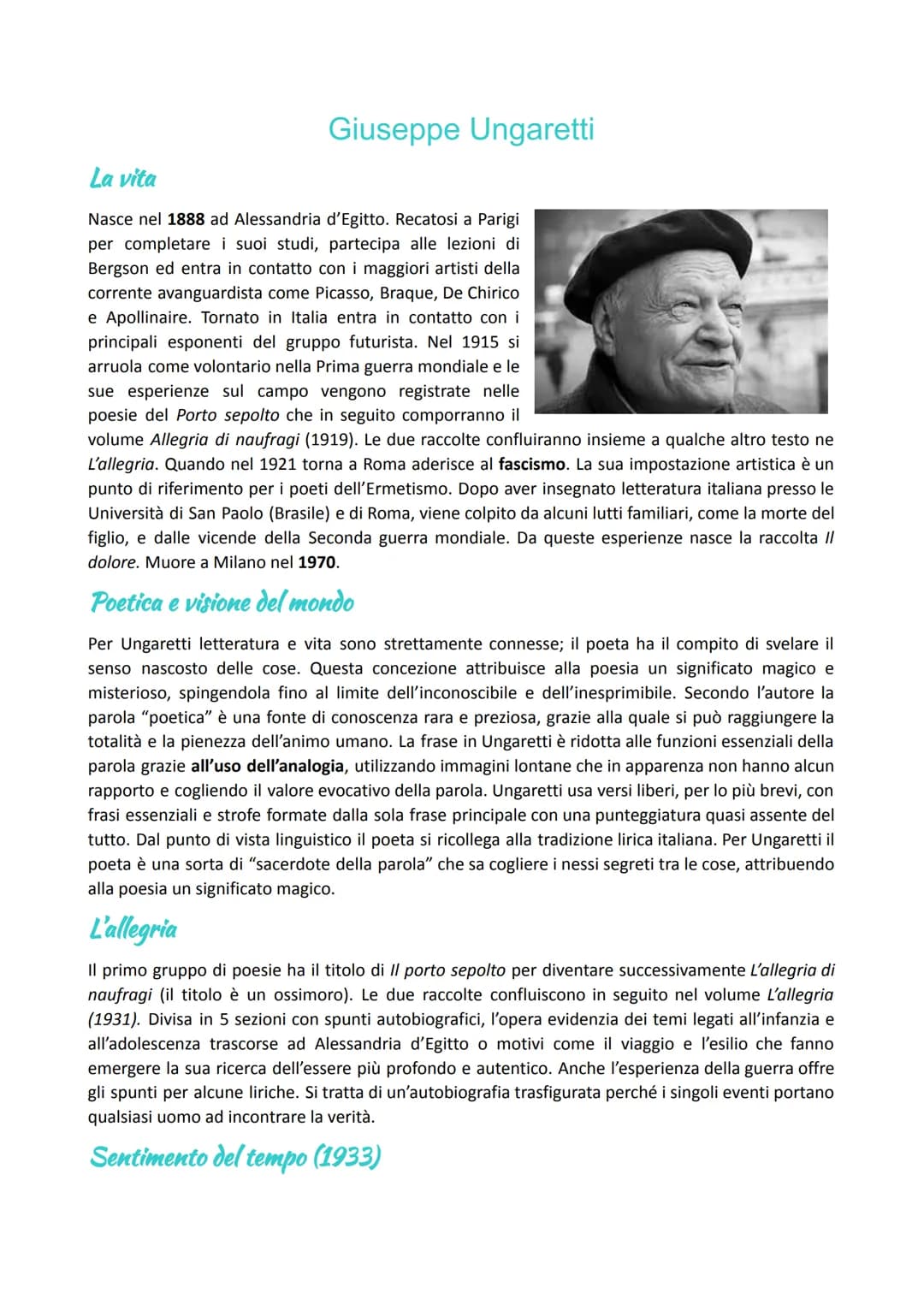 
<p>Giuseppe Ungaretti è nato nel 1888 ad Alessandria d'Egitto e successivamente si è trasferito a Parigi per completare i suoi studi, dove 