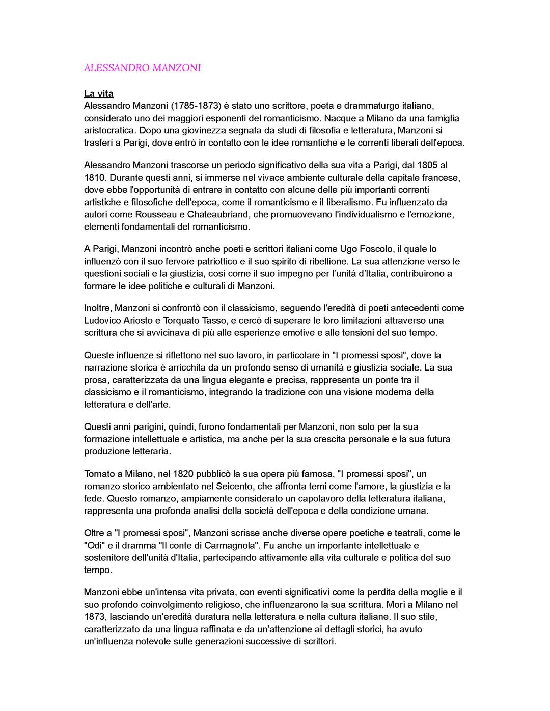 Alessandro Manzoni: Vita e Opere Principali