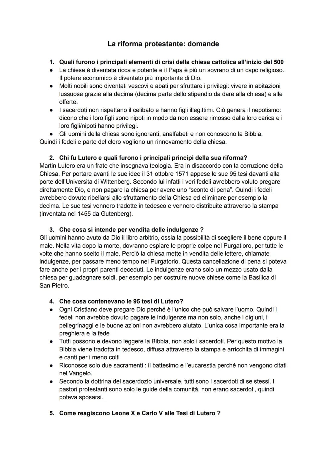 La riforma protestante: domande
1. Quali furono i principali elementi di crisi della chiesa cattolica all'inizio del 500
La chiesa è diventa