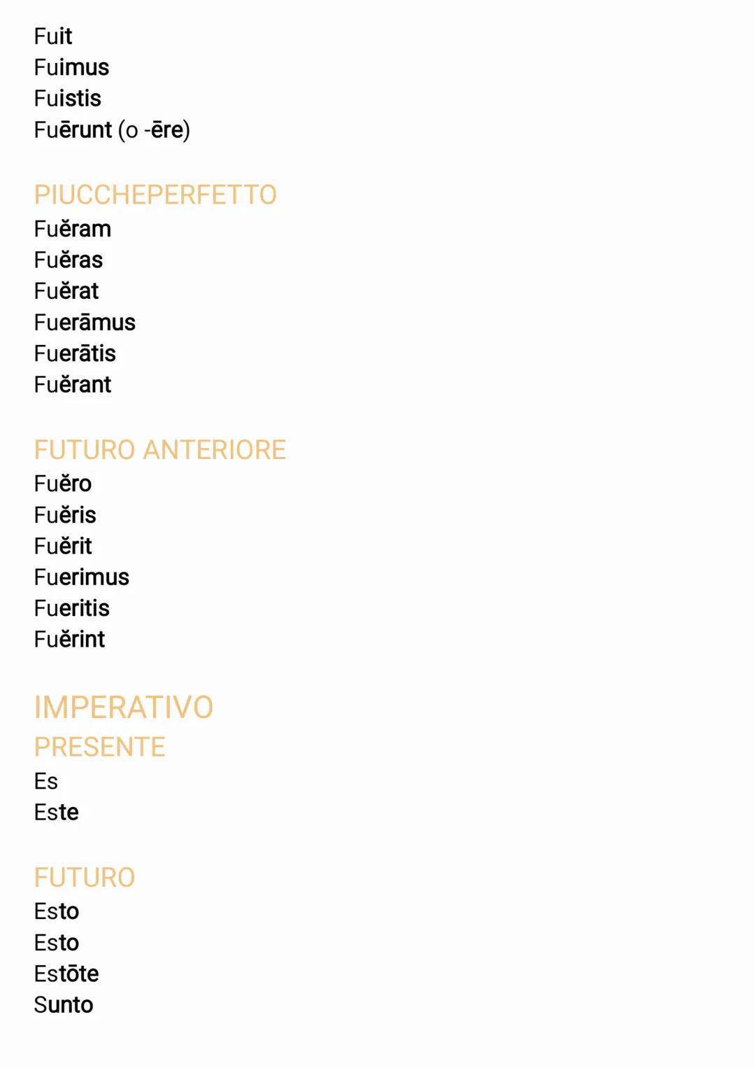 TABELLA CONIUGAZIONE DEL VERBO SUM
INDICATIVO
PRESENTE
Sum
Es
Est
Sumus
Estis
Sunt
IMPERFETTO
Eram
Eras
Erat
Erāmus
Erāti
Erant
FUTURO SEMPL