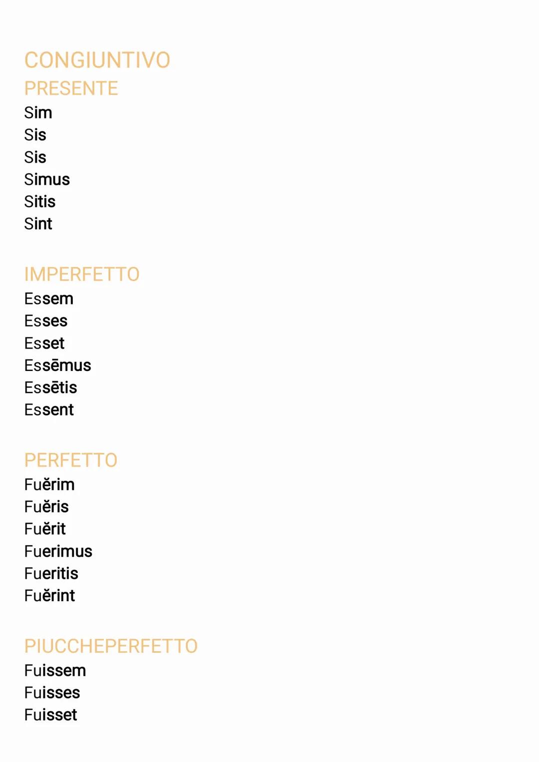 TABELLA CONIUGAZIONE DEL VERBO SUM
INDICATIVO
PRESENTE
Sum
Es
Est
Sumus
Estis
Sunt
IMPERFETTO
Eram
Eras
Erat
Erāmus
Erāti
Erant
FUTURO SEMPL