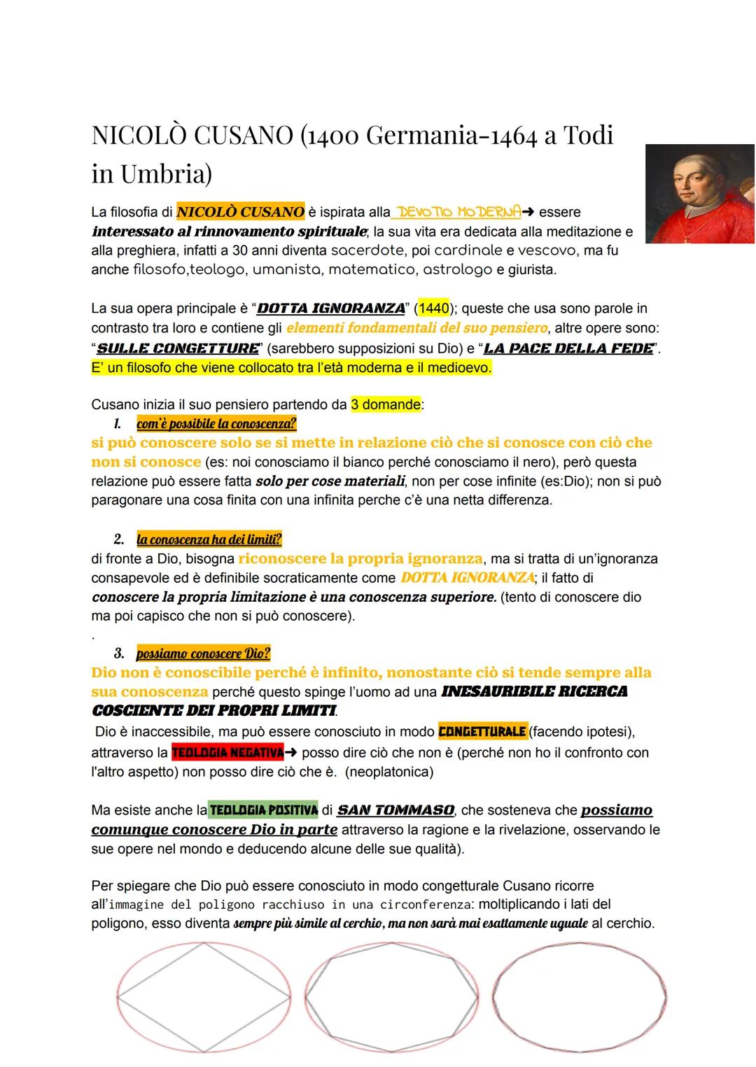 # NICOLÒ CUSANO (1400 Germania-1464 a Todi
in Umbria)

La filosofia di **NICOLÒ CUSANO** è ispirata alla *Devotio Moderna* → essere
**intere