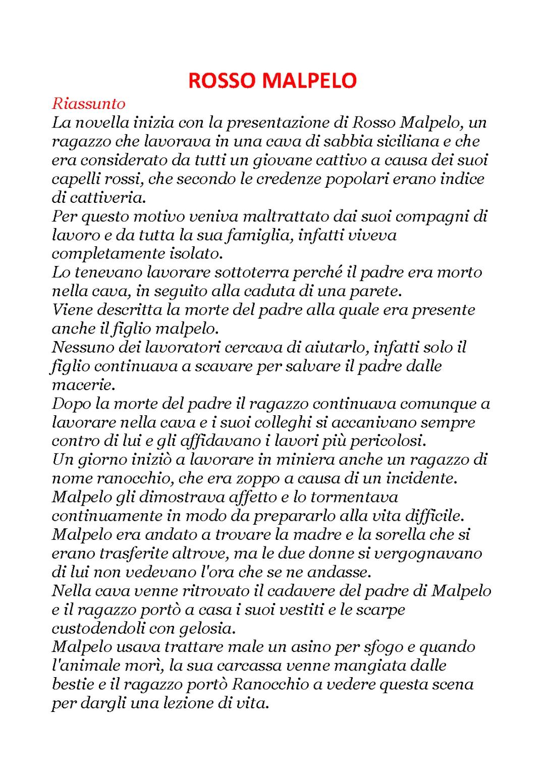 Riassunto Rosso Malpelo in 10, 15 e 20 righe: Tesina e Esercizi