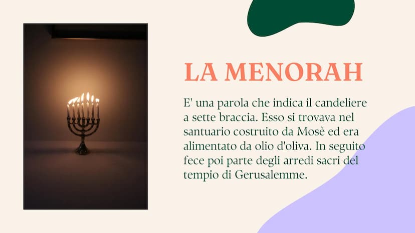 L'EBRAISMO LA MENORAH
E' una parola che indica il candeliere
a sette braccia. Esso si trovava nel
santuario costruito da Mosè ed era
aliment