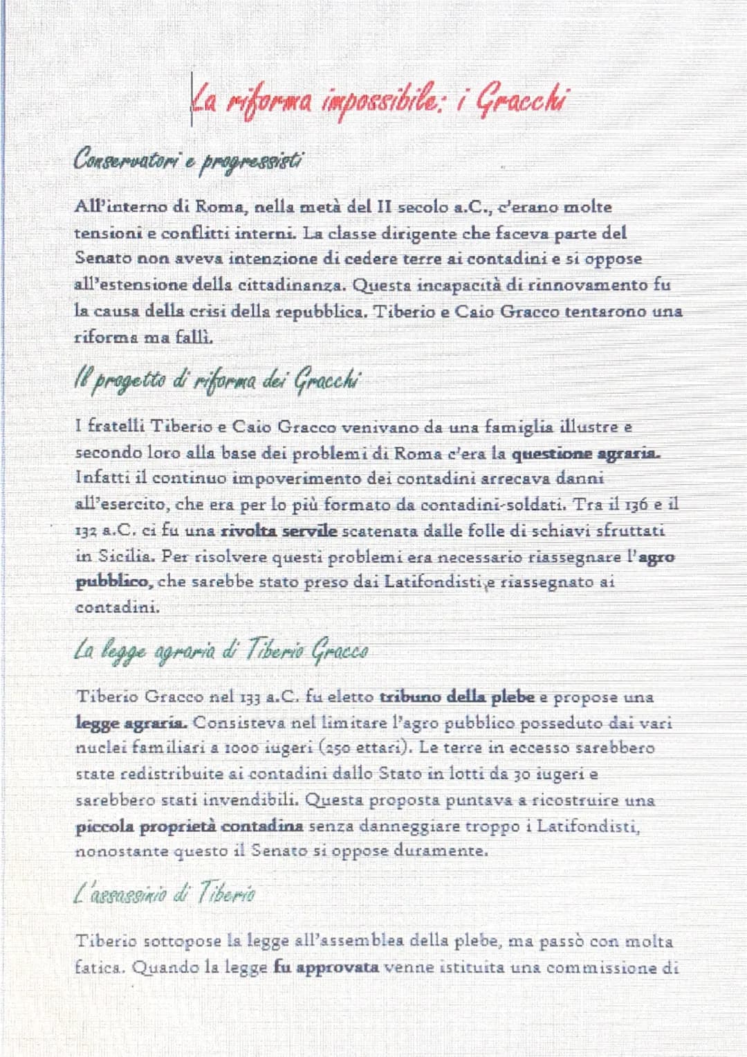 La riforma impossibile: i Gracchi
Conservatori e progressisti
All'interno di Roma, nella metà del II secolo a.C., c'erano molte
tensioni e c