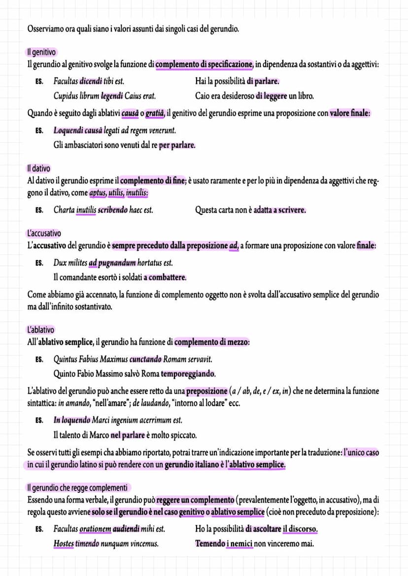 il Gerundio
In latino il gerundio è un sostantivo verbale che viene
utilizzato per esprimere la declinazione dell'infinito presente
attivo. 