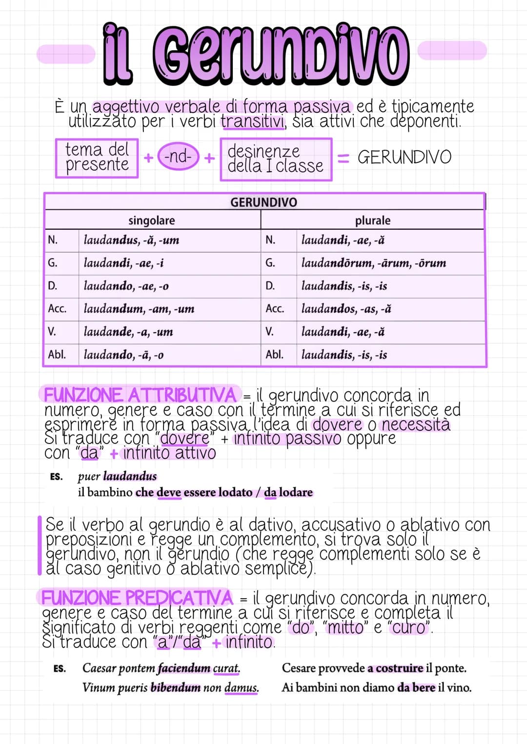 il Gerundio
In latino il gerundio è un sostantivo verbale che viene
utilizzato per esprimere la declinazione dell'infinito presente
attivo. 