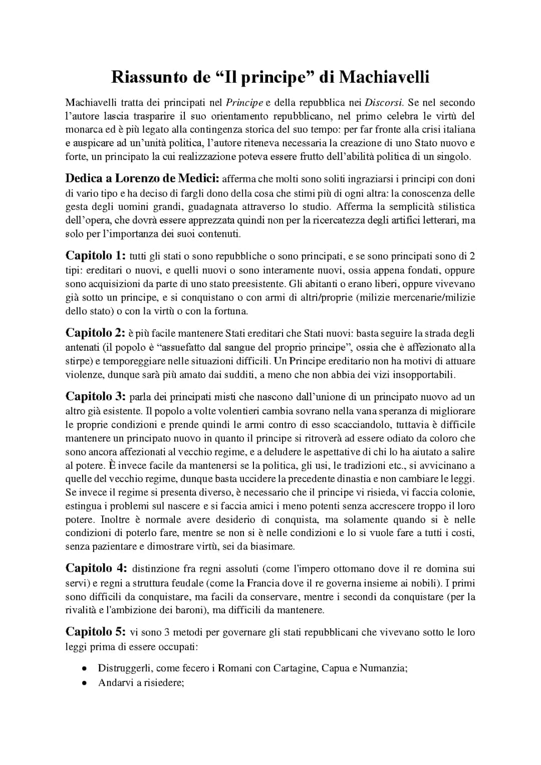 Il principe (Machiavelli) riassunto capitoli