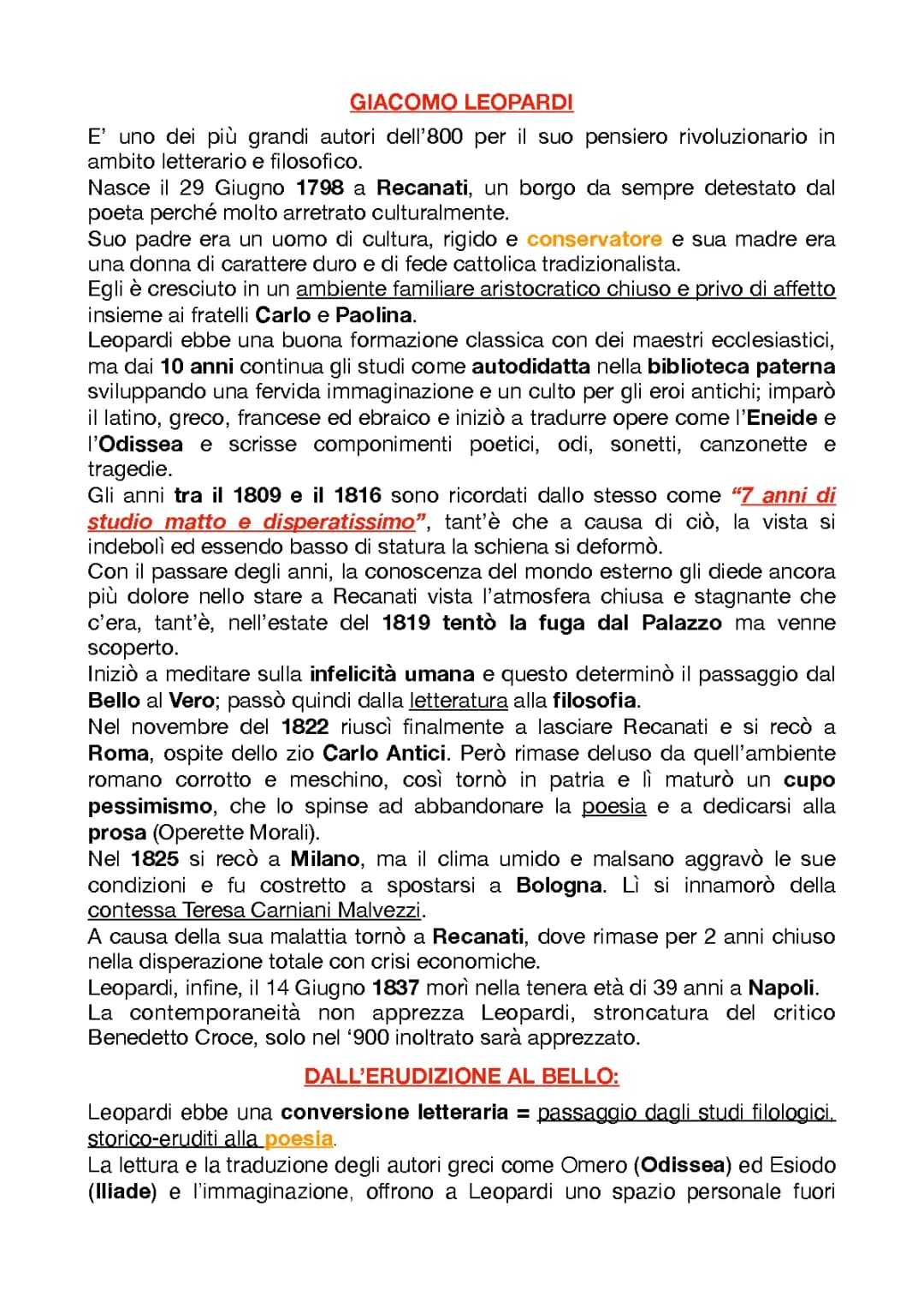 Giacomo Leopardi: Riassunto Vita e Opere