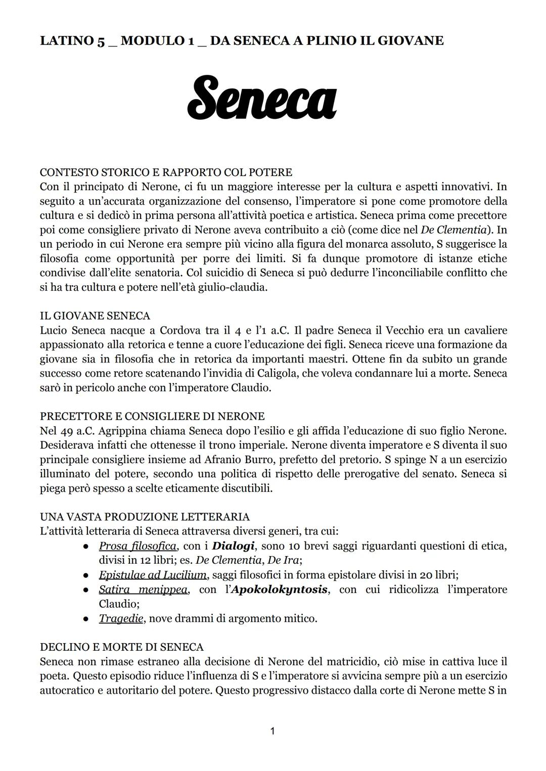 LATINO 5. MODULO 1
DA SENECA A PLINIO IL GIOVANE
Seneca
CONTESTO STORICO E RAPPORTO COL POTERE
Con il principato di Nerone, ci fu un maggior