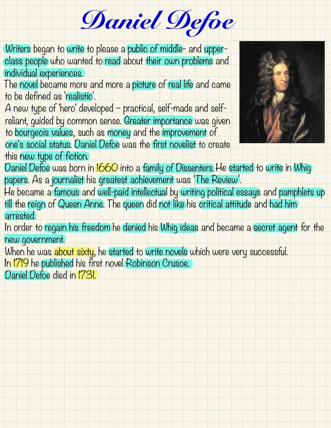 Daniel Defoe
Writers began to write to please a public of middle- and upper-
class people who wanted to read about their own problems and
in