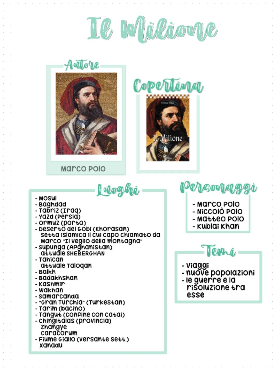 Il Milione
Attore
Marco Polo
- MOSUI
-Baghdad
- Tabriz (Iraq)
- yaza (Persia)
- ormuz (porto)
- Deserto del Gobi (khorasan)
•Luoghi
attuale 