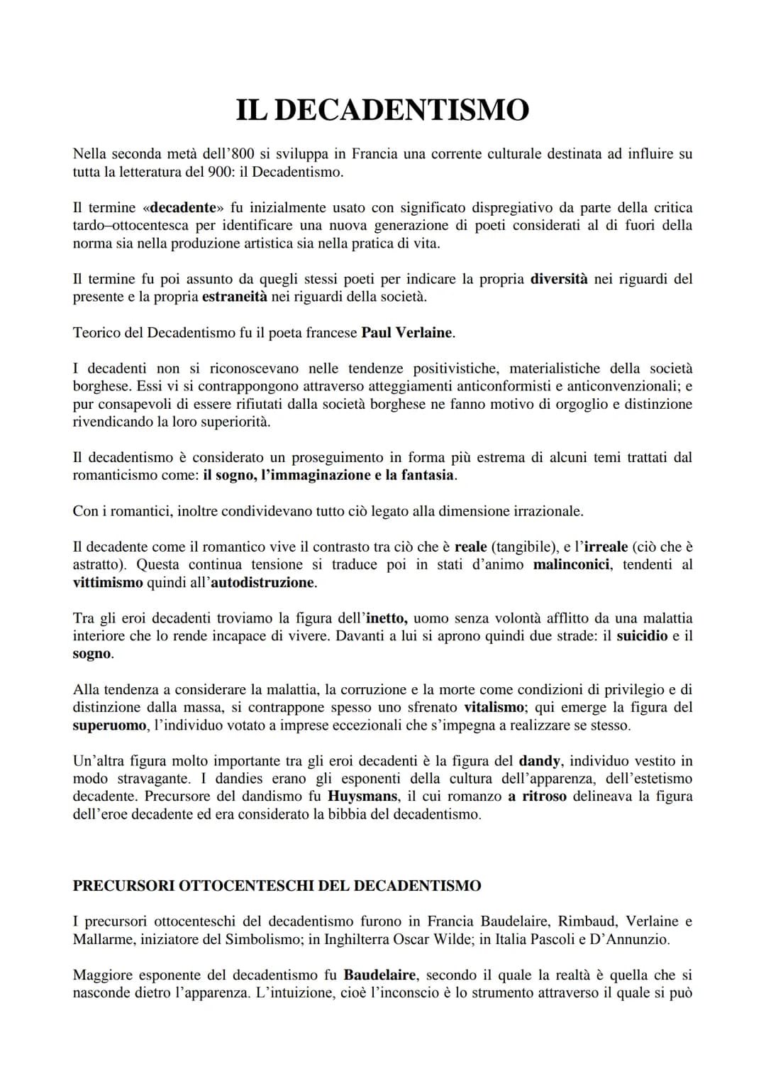 IL DECADENTISMO
Nella seconda metà dell'800 si sviluppa in Francia una corrente culturale destinata ad influire su
tutta la letteratura del 