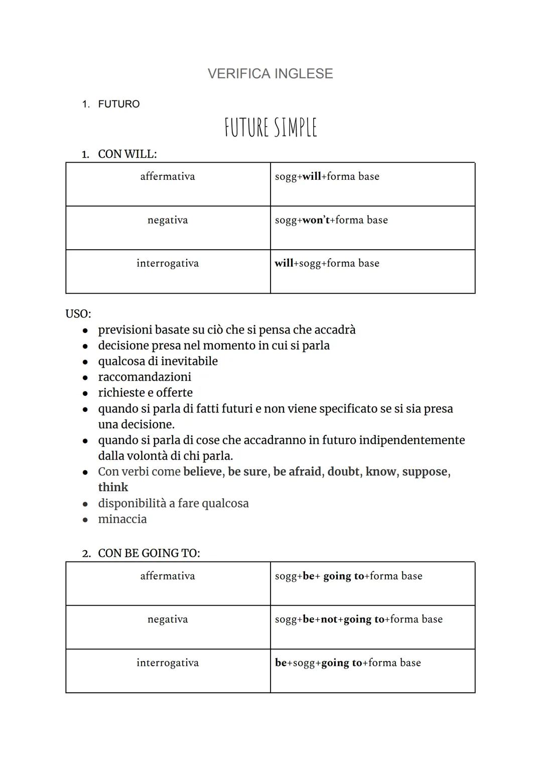 1. FUTURO
1. CON WILL:
affermativa
●
negativa
interrogativa
2. CON BE GOING TO:
affermativa
VERIFICA INGLESE
• disponibilità a fare qualcosa
