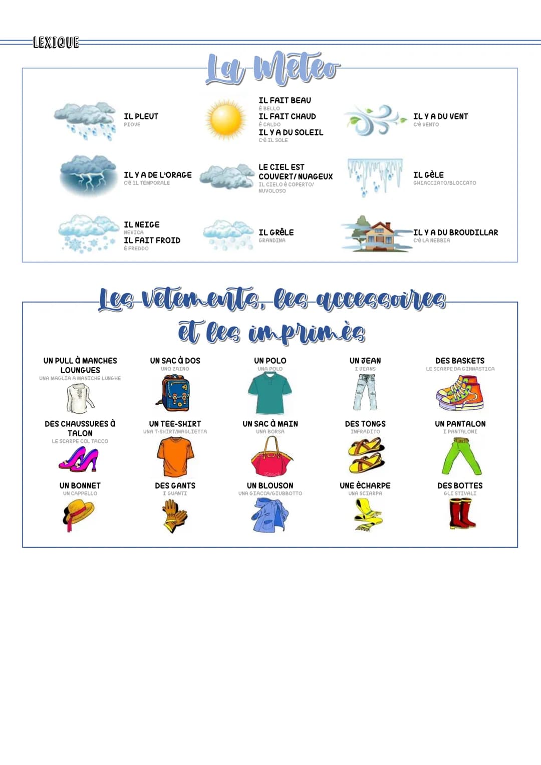 LEXIQUE-
UN PULL À MANCHES
LOUNGUES
UNA MAGLIA A MANICHE LUNGHE
DES CHAUSSURES à
TALON
LE SCARPE COL TACCO
IL PLEUT
PIOVE
UN BONNET
UN CAPPE