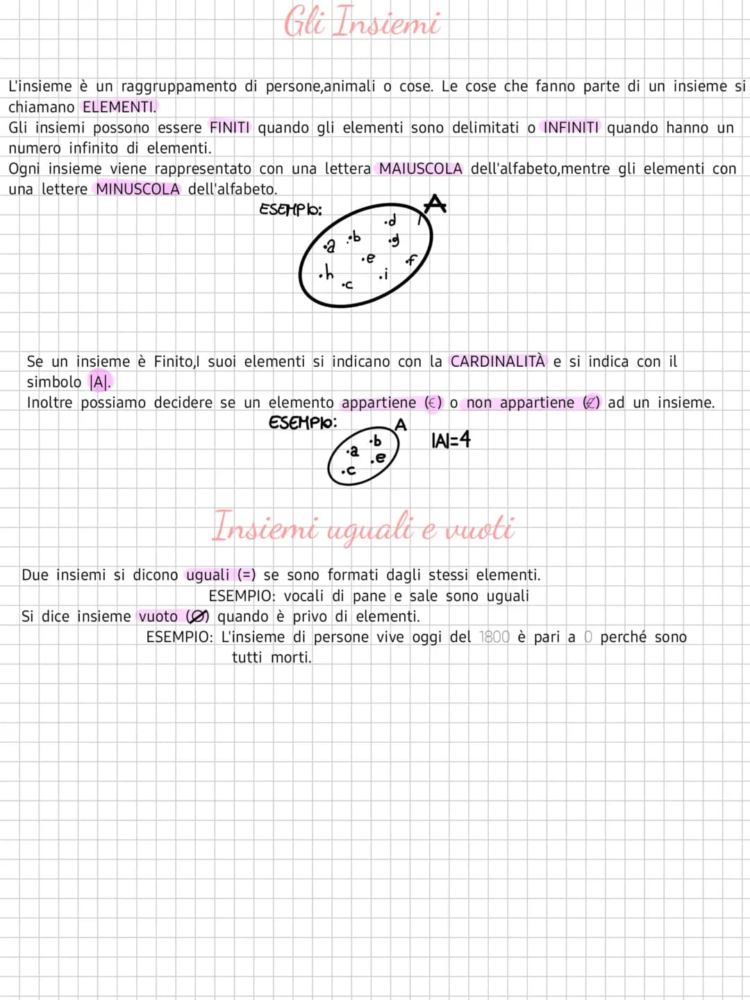 Gli Insiemi
L'insieme è un raggruppamento di persone,animali o cose. Le cose che fanno parte di un insieme si
chiamano ELEMENTI.
Gli insiemi