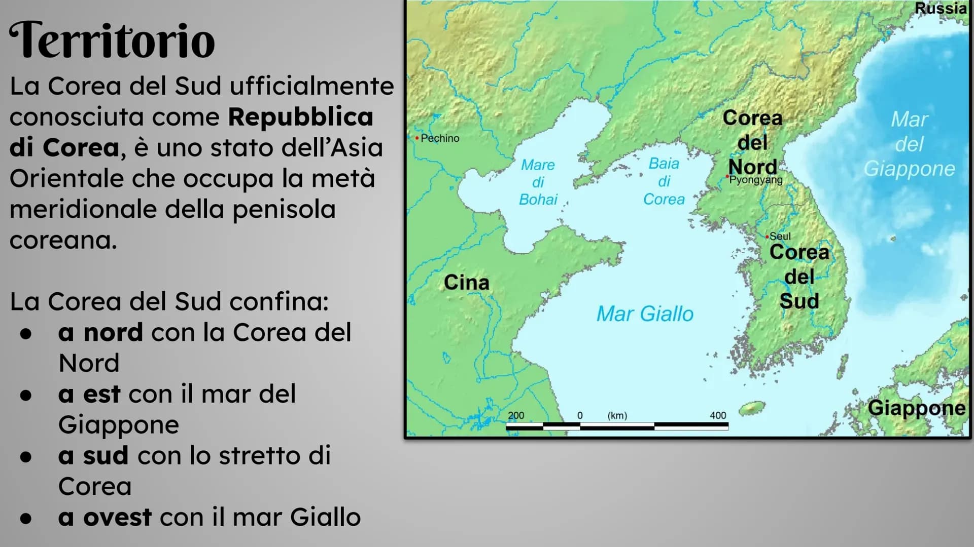La Corea
del Sud
Perico Gloria
H
== AMBIMED
CINA
COREA
DEL NORD
COREA
DEL SUD
SEUL
RUSSIA
GIAPPONE Territorio
La Corea del Sud ufficialmente
