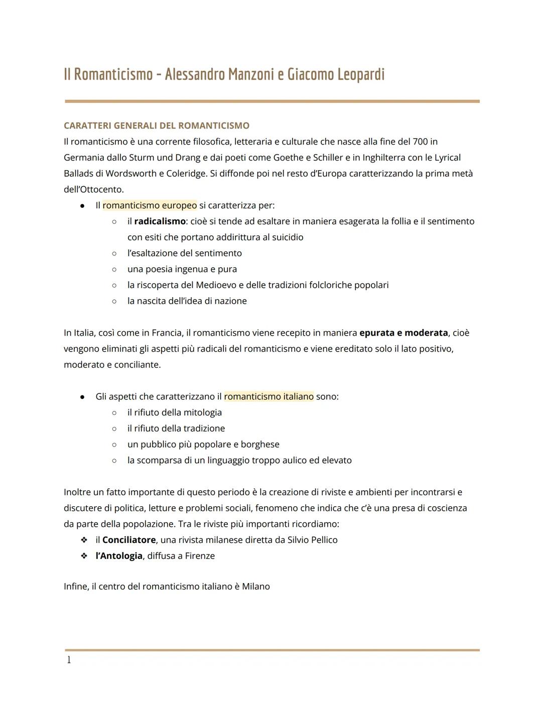 Il Romanticismo - Alessandro Manzoni e Giacomo Leopardi
CARATTERI GENERALI DEL ROMANTICISMO
Il romanticismo è una corrente filosofica, lette