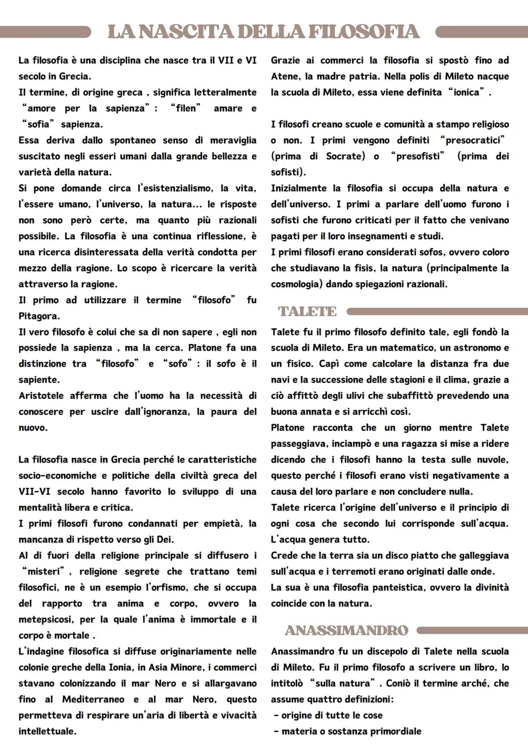 LA NASCITA DELLA FILOSOFIA
La filosofia è una disciplina che nasce tra il VII e VI
secolo in Grecia.
Il termine, di origine greca, significa