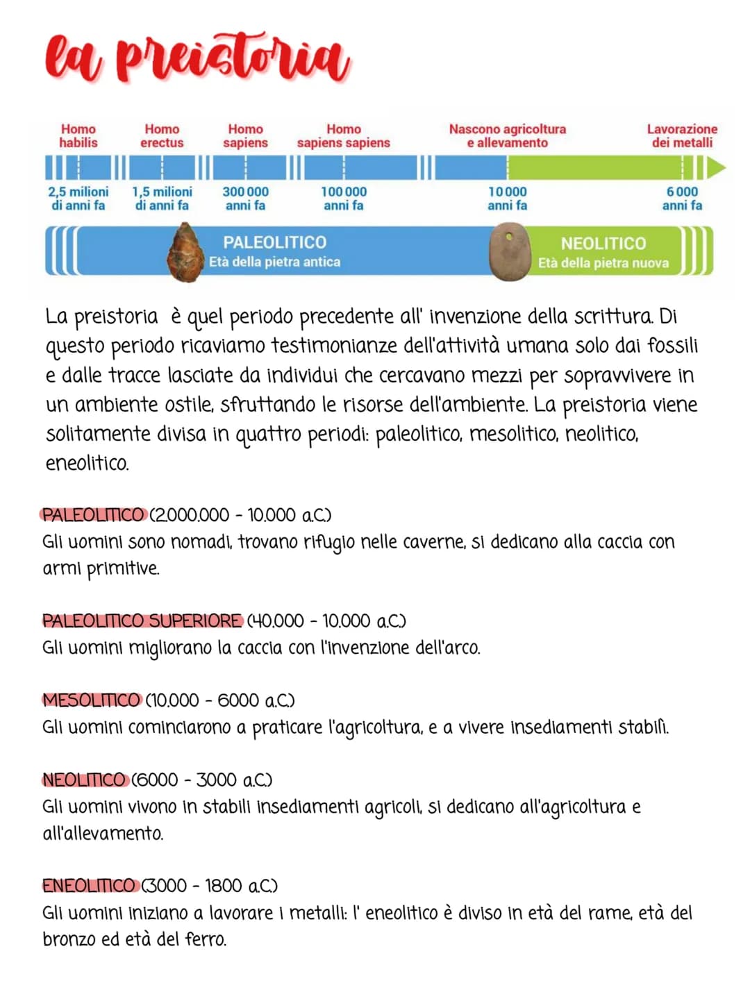 la preistoria
Homo
habilis
Homo
sapiens
2,5 milioni
di anni fa
Homo
erectus
1,5 milioni
di anni fa
300 000
anni fa
Homo
sapiens sapiens
100 