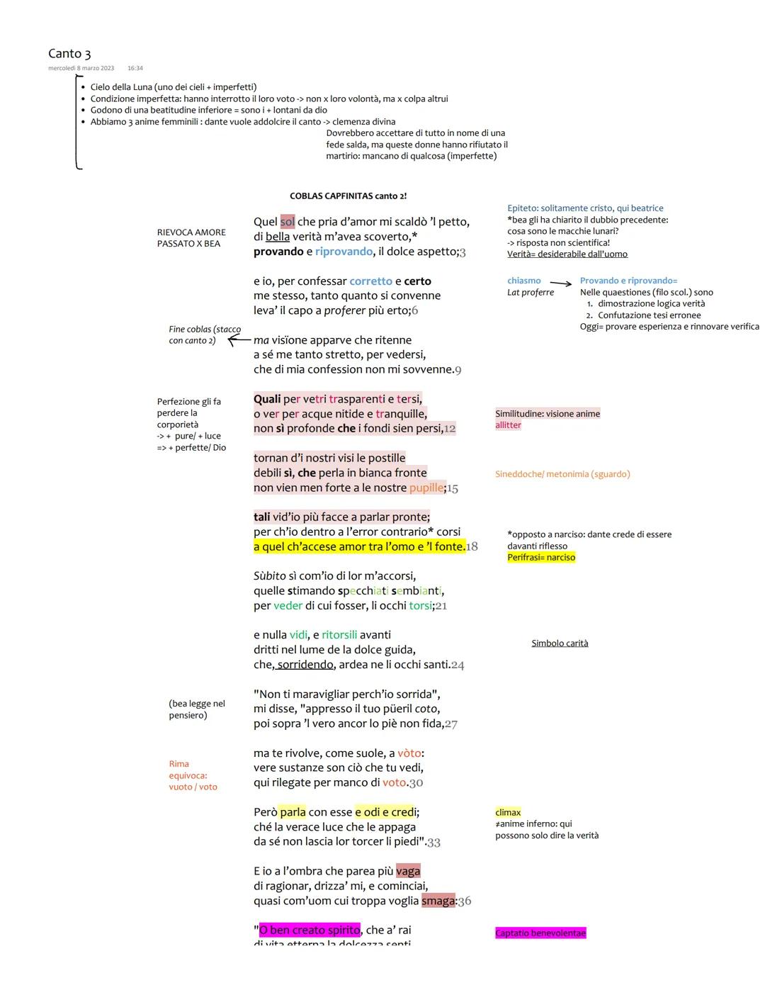 Canto 3
marzo 2023 16:34

*   Cielo della Luna (uno dei cieli + imperfetti)
*   Condizione imperfetta: hanno interrotto il loro voto -> non 