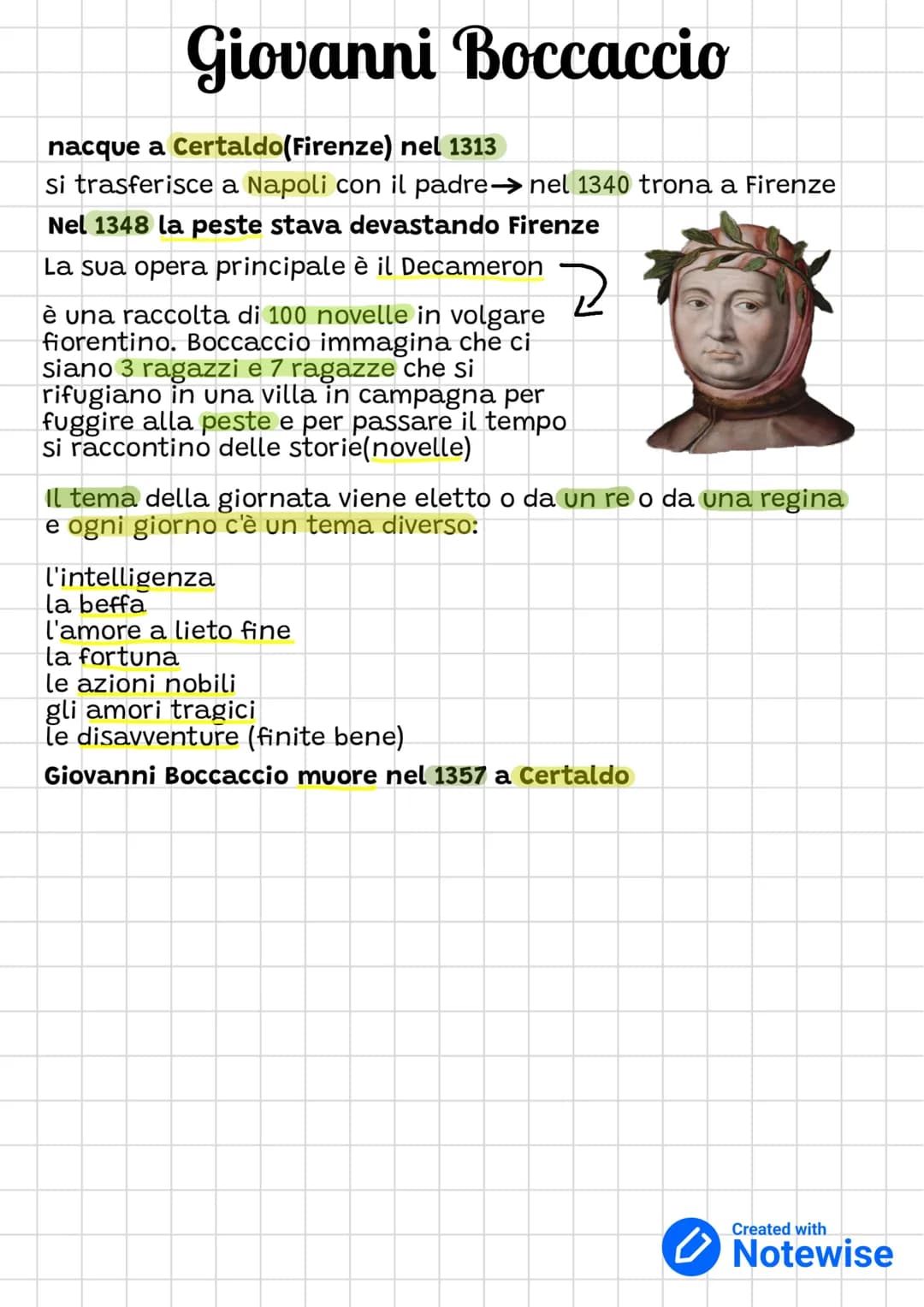 Giovanni Boccaccio
nacque a Certaldo(Firenze) nel 1313
si trasferisce a Napoli con il padre→ nel 1340 trona a Firenze
Nel 1348 la peste stav