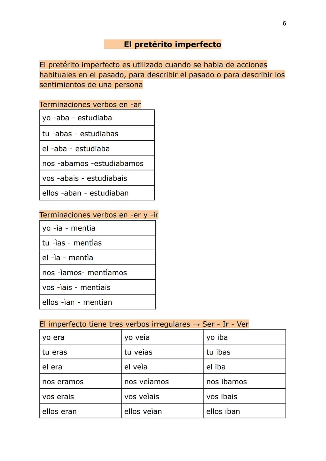 El pretérito imperfecto
El pretérito imperfecto es utilizado cuando se habla de acciones
habituales en el pasado, para describir el pasado o
