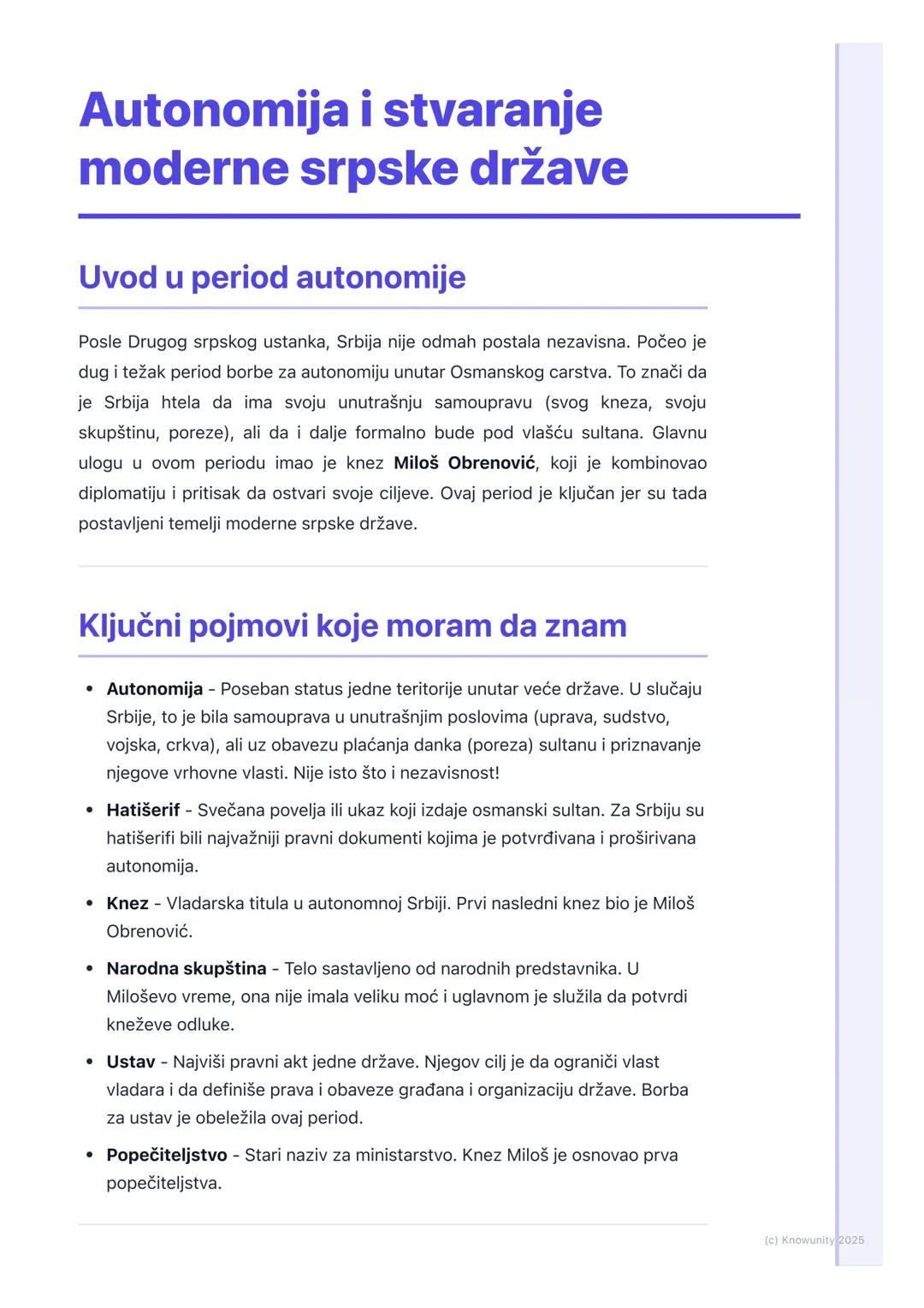 # Autonomija i stvaranje
moderne srpske države

## Uvod u period autonomije

Posle Drugog srpskog ustanka, Srbija nije odmah postala nezavis