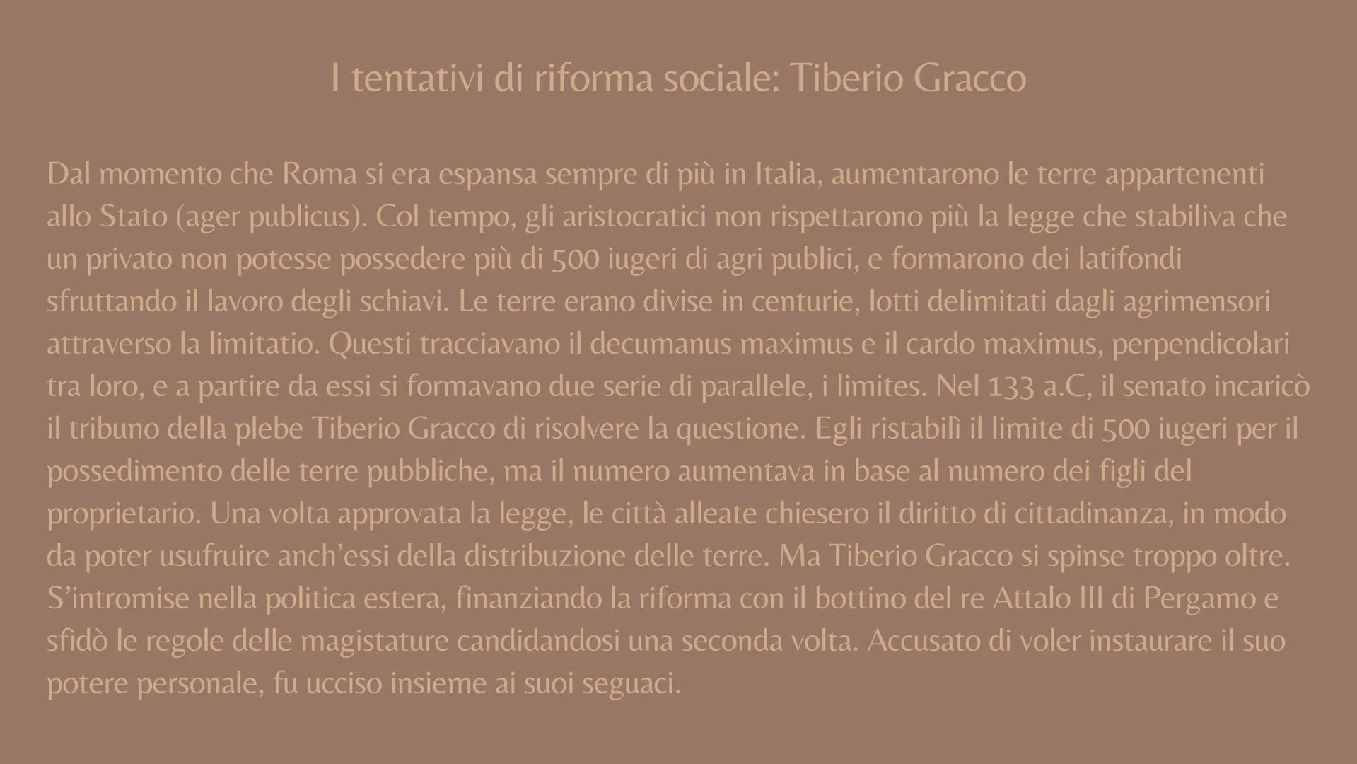 # La crisi della repubblica

I tentativi di riforma sociale dei Gracchi
Gaio Mario e le riforme dell'esercito
La guerra sociale e la prima g