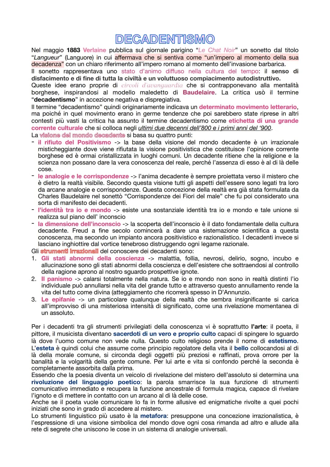 DECADENTISMO
Nel maggio 1883 Verlaine pubblica sul giornale parigino "Le Chat Noir" un sonetto dal titolo
"Langueur" (Languore) in cui affer