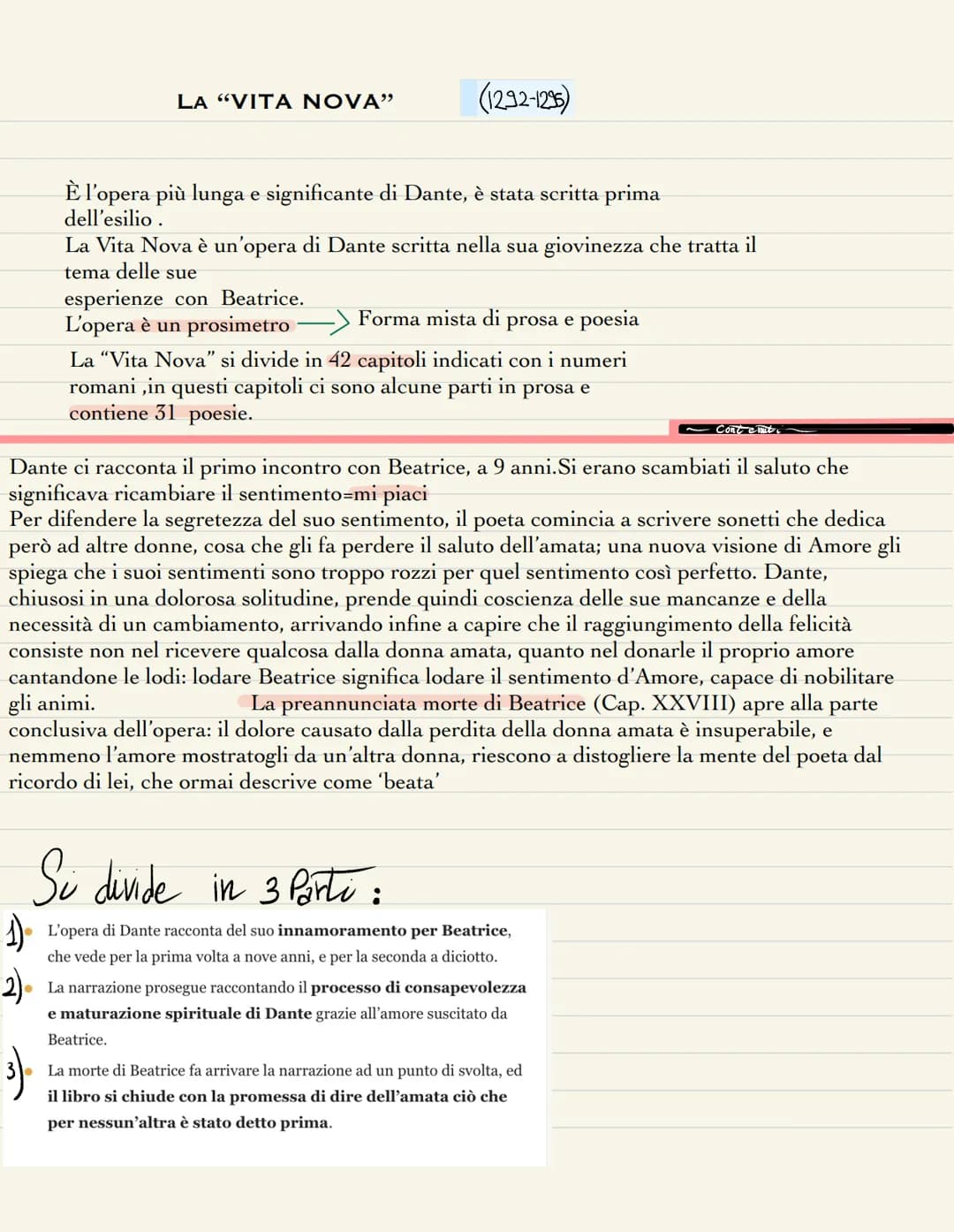 LA "VITA NOVA"
(1292-1235)
È l'opera più lunga e significante di Dante, è stata scritta prima
dell'esilio.
La Vita Nova è un'opera di Dante 