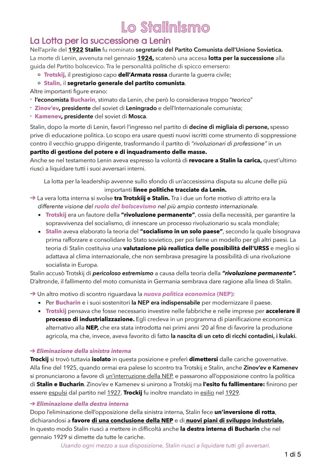 Lo Stalinismo
La Lotta per la successione a Lenin
Nell'aprile del 1922 Stalin fu nominato segretario del Partito Comunista dell'Unione Sovie